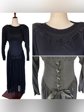 Vintage 80s Karen Alexander Black Dress Corset Waist Sheer Skirt Beaded sz 6